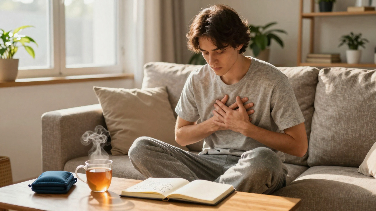 Jovem sentado no sofá com mãos no peito, aparentando dor, ao lado de livro aberto e chá quente.