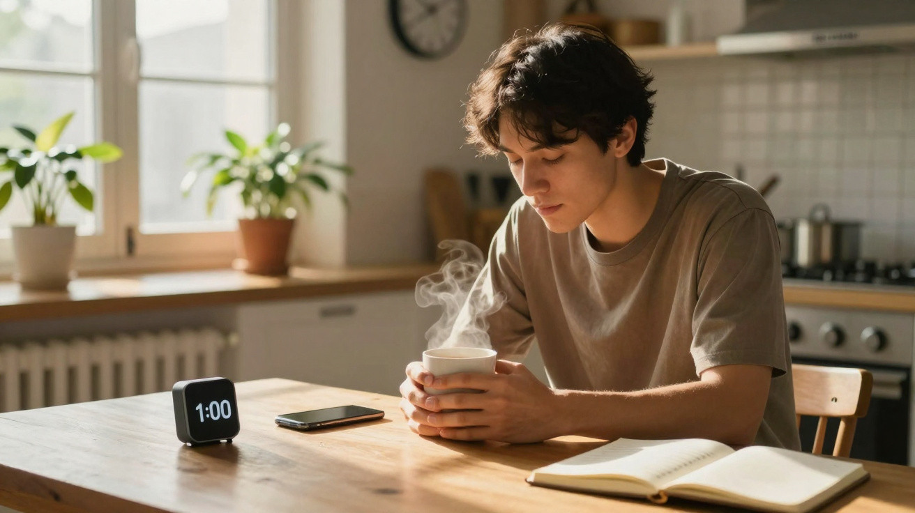 Jovem sentado à mesa, segurando uma caneca quente, com livro aberto, celular e relógio digital marcando 1:00.