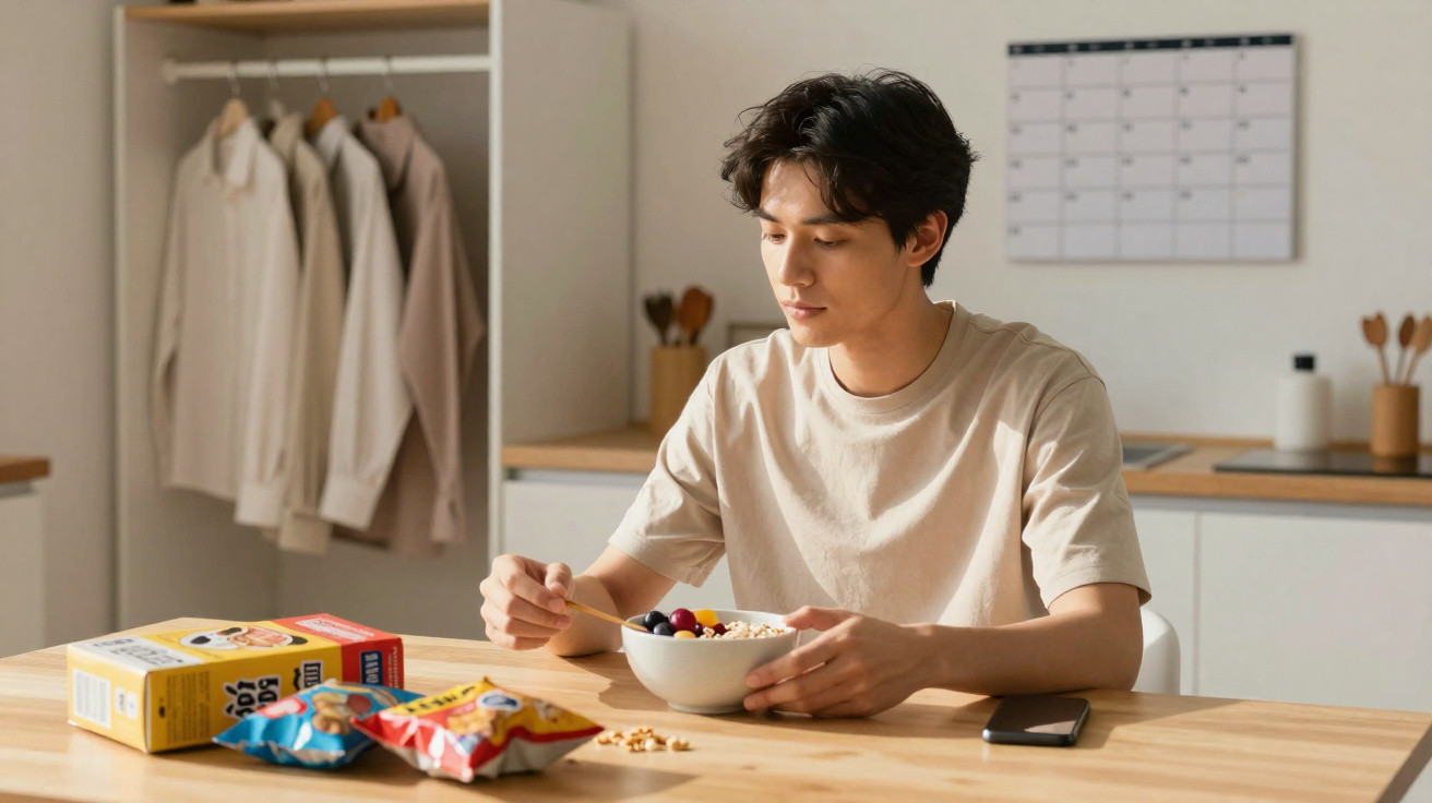Homem jovem sentado à mesa com tigela de cereal e frutas, em cozinha moderna iluminada.