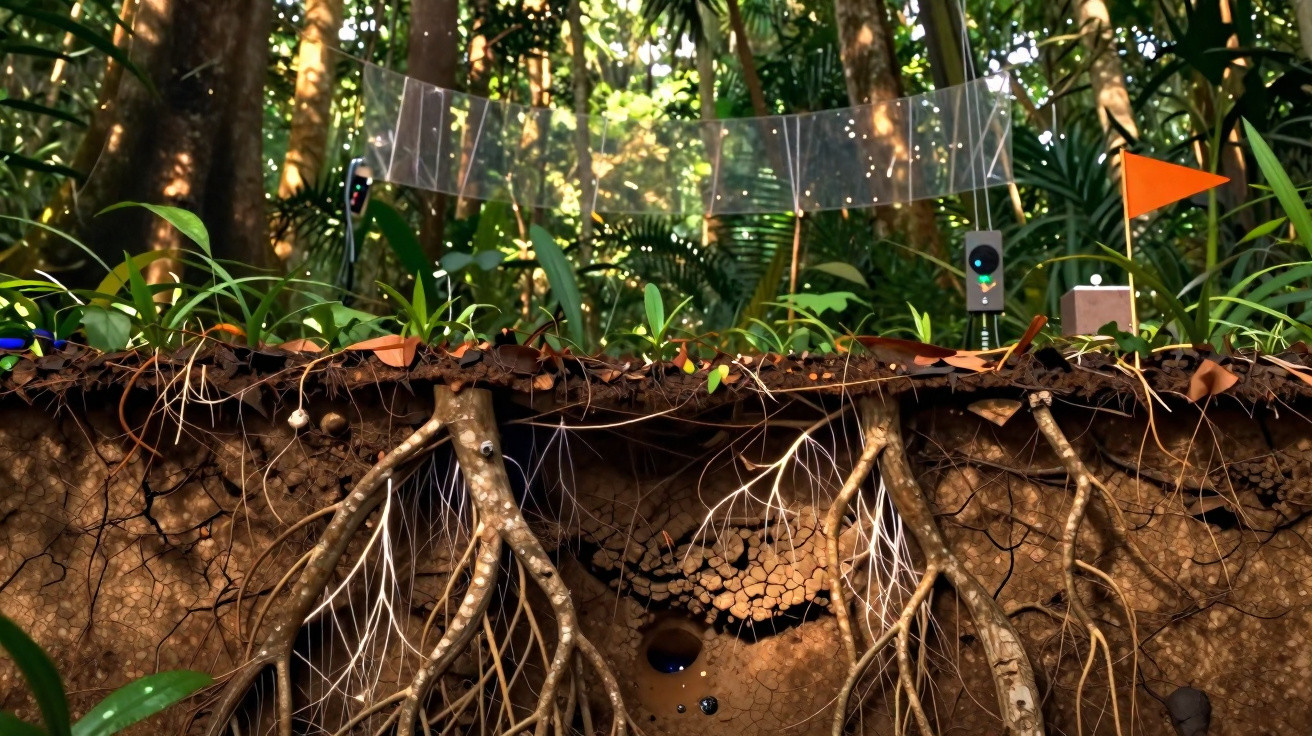 Seção transversal do solo com raízes de plantas, insetos e objetos em miniatura na superfície da floresta.