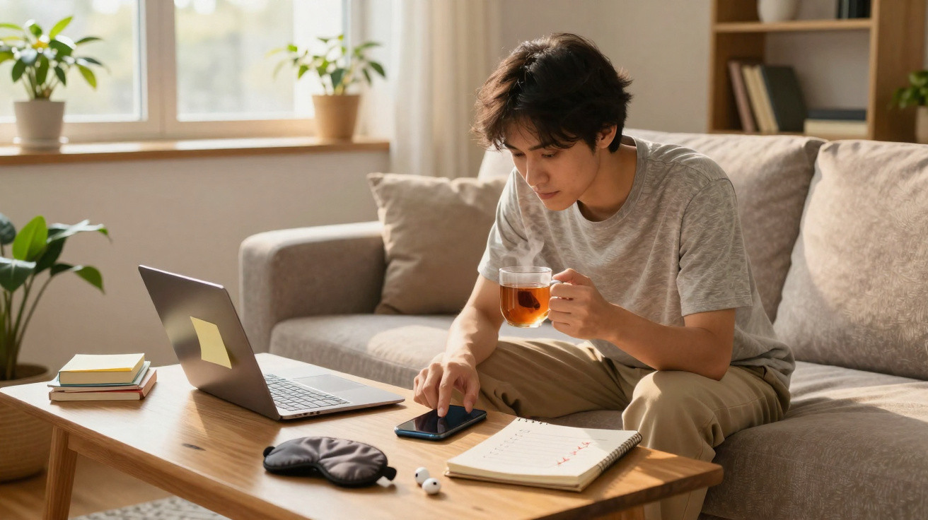 Jovem sentado no sofá com chá, usando celular, laptop e caderno sobre a mesa de madeira na sala iluminada.