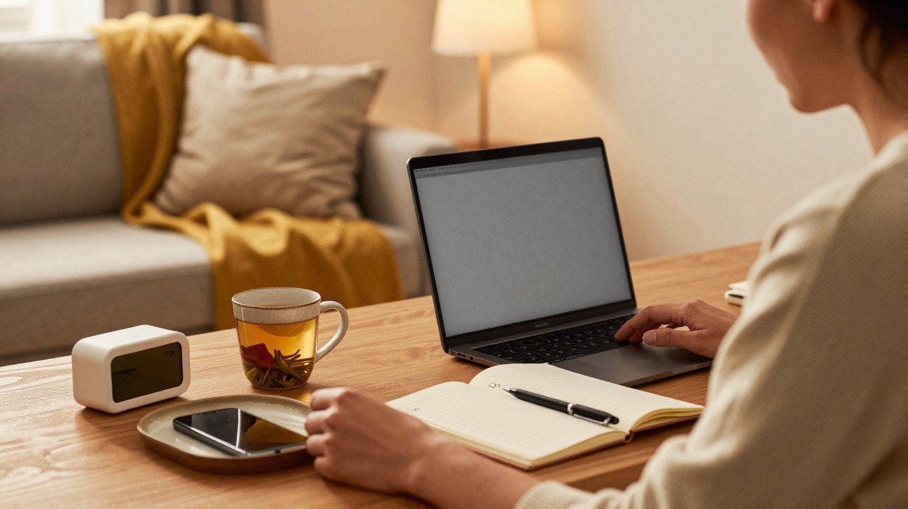 Pessoa trabalhando em laptop com chá, caderno e celular em mesa de madeira em ambiente aconchegante.