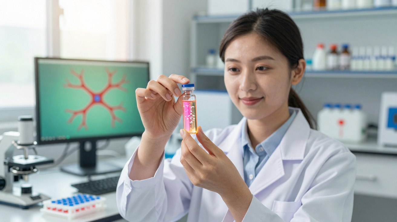 Cientista mulher analisando tubo de ensaio com líquido rosa em laboratório moderno.