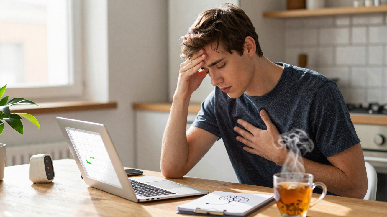 Jovem sentado à mesa segurando a cabeça e o peito, com laptop, caderno e xícara de chá fumegante à sua frente.