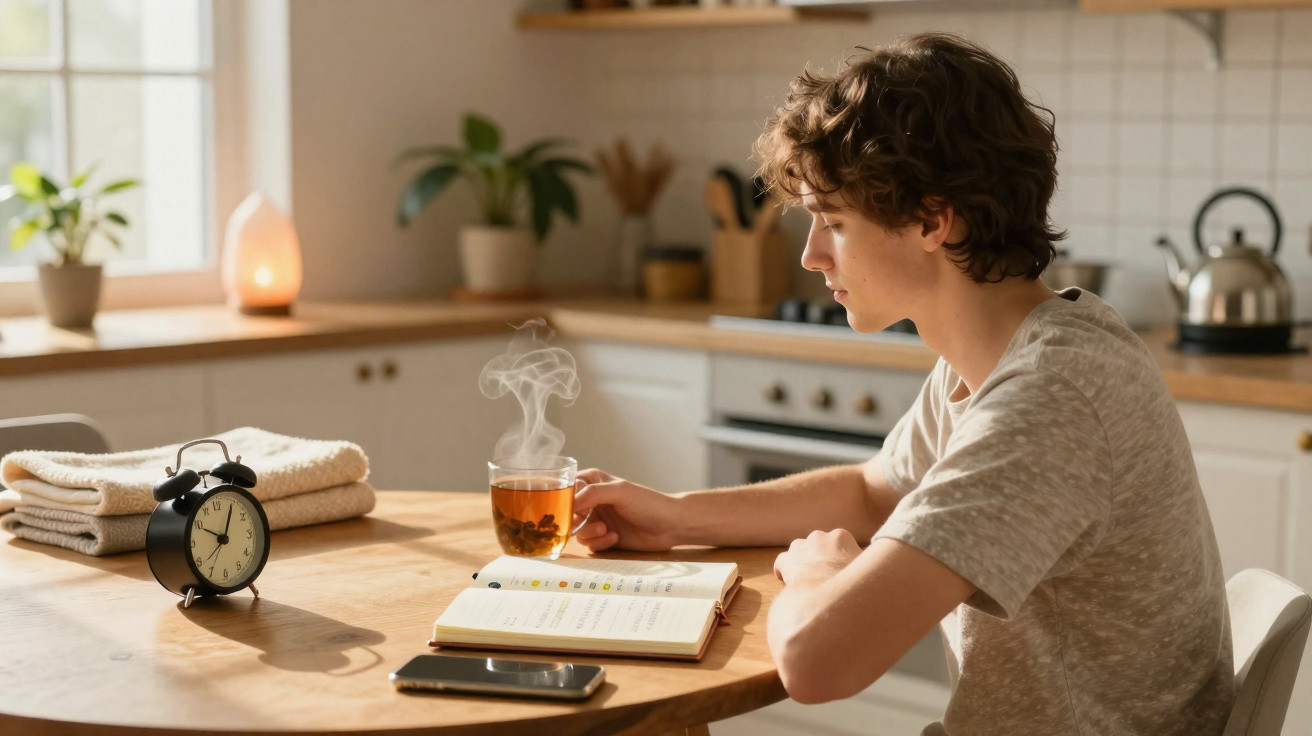 Jovem sentado à mesa lendo livro e segurando xícara de chá quente em cozinha iluminada.