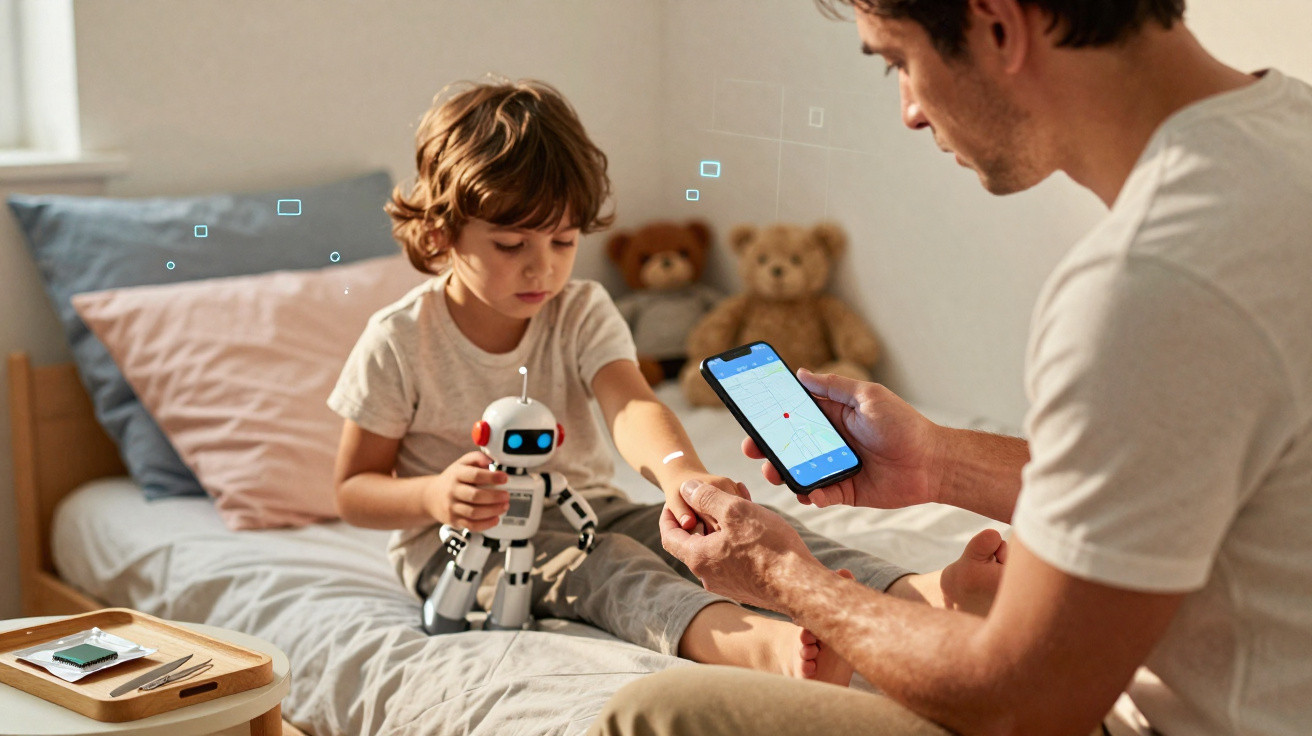 Pai usa aplicativo no celular para analisar saúde do filho enquanto ele segura brinquedo robô sentado na cama.