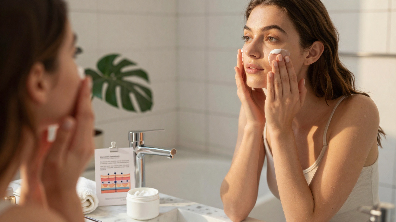 Mulher aplicando creme facial no rosto em frente ao espelho no banheiro iluminado.