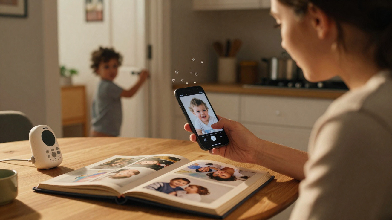 Mulher segurando celular com foto de bebê, álbum de fotos aberto e criança desenhando no quadro branco ao fundo.