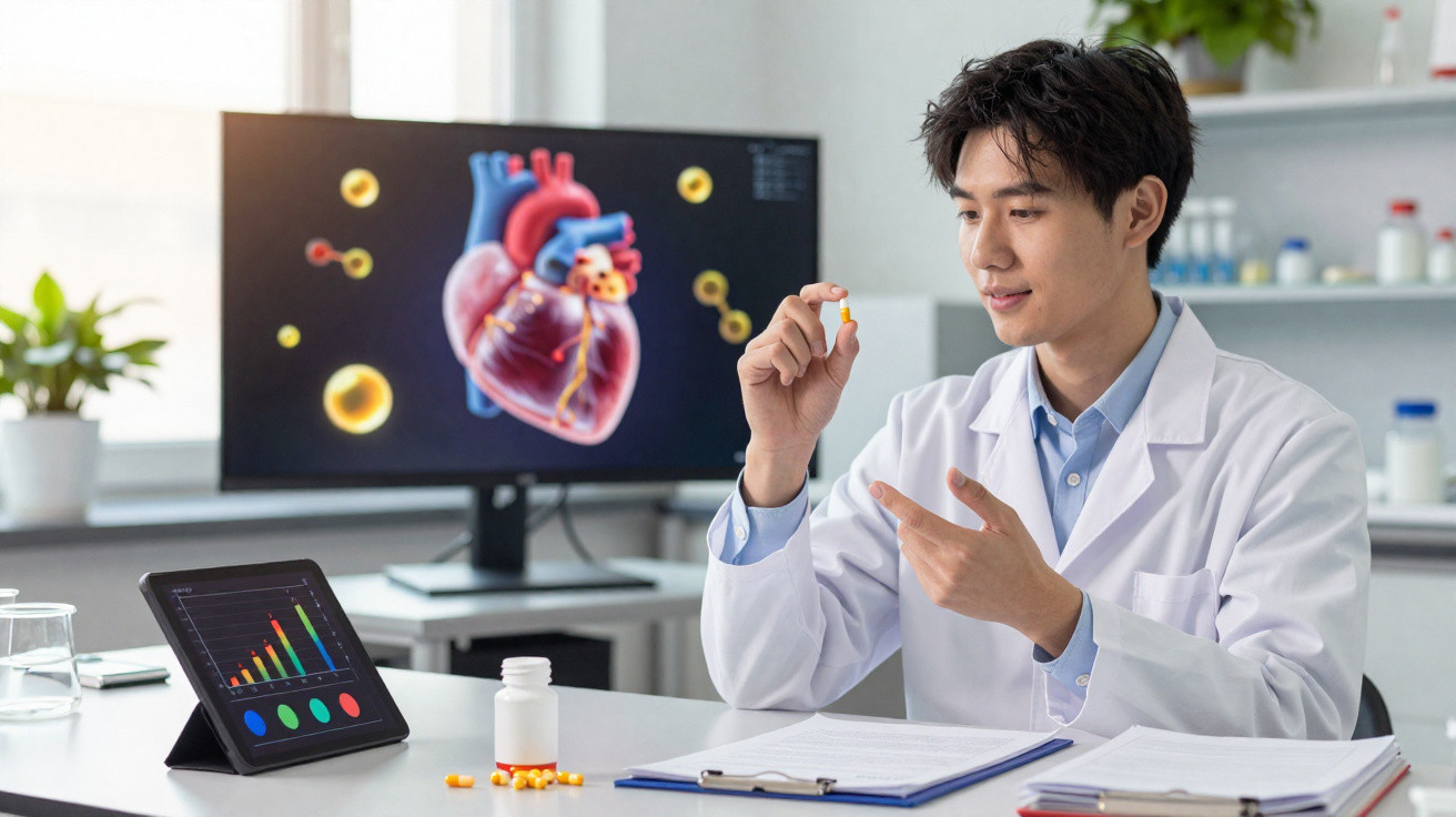 Cientista em laboratório segurando um comprimido, com tela exibindo coração e gráfico ao fundo.