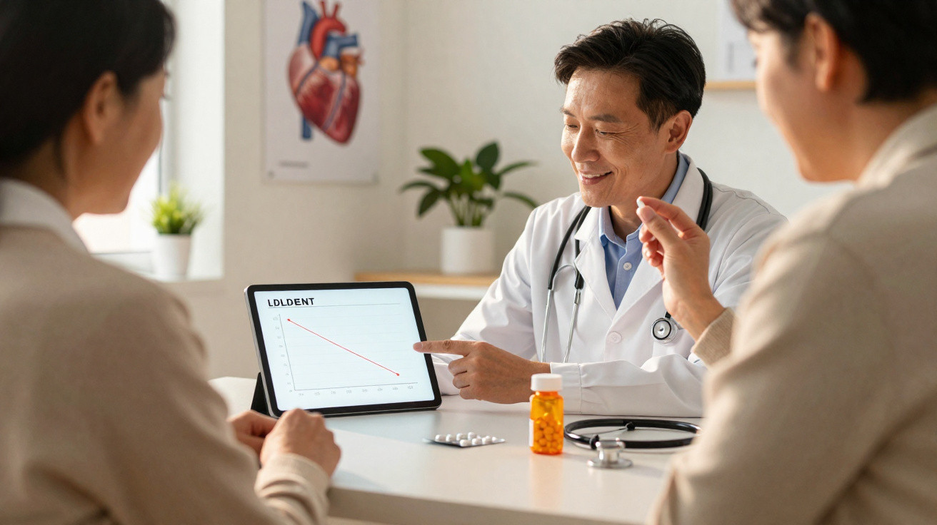 Médico explica exame de colesterol para paciente em consultório com tablet e medicamentos na mesa.