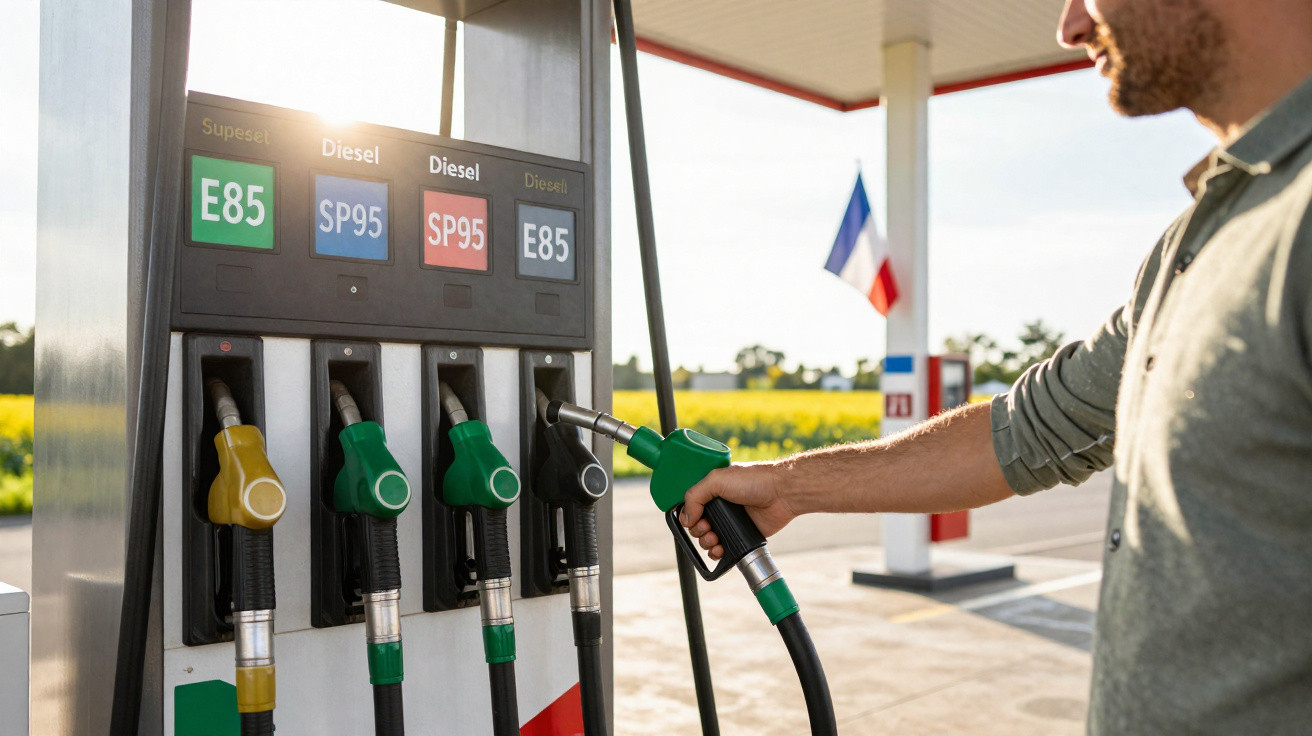Homem abastecendo carro em posto de gasolina com opções de combustível E85, SP95 e Diesel.