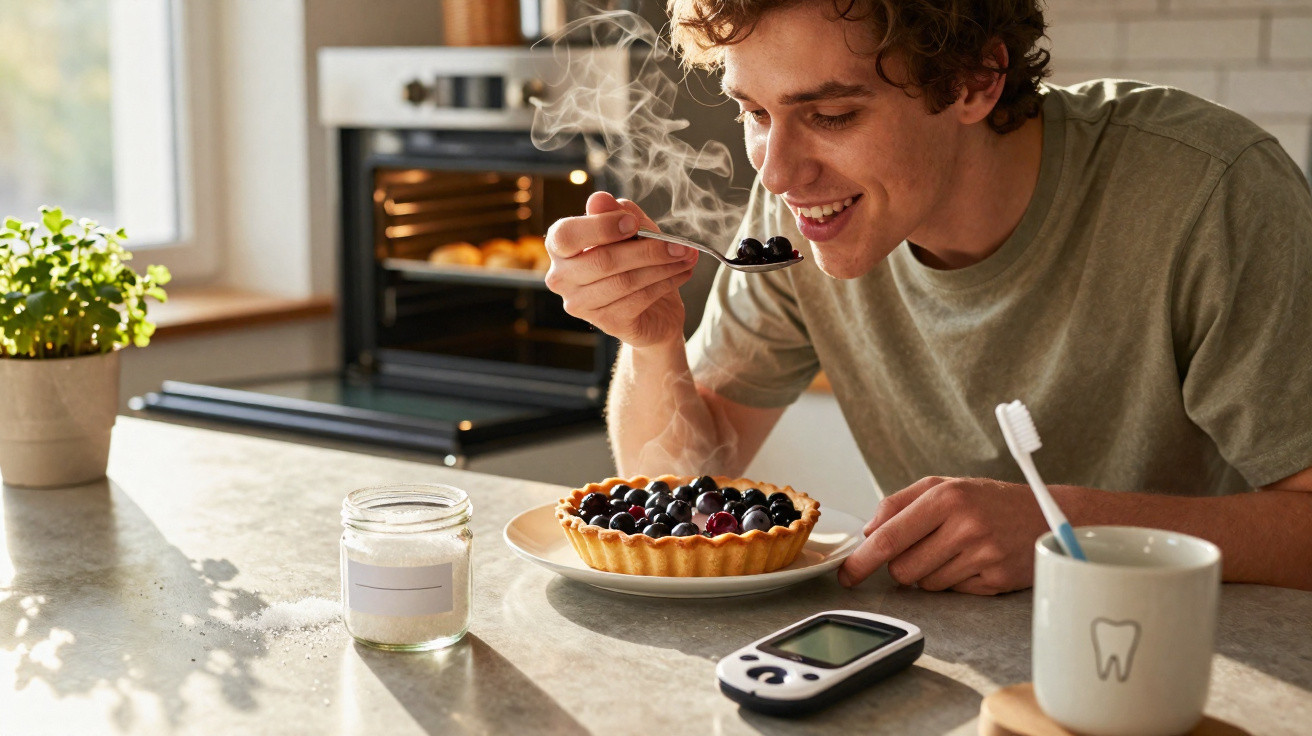 Jovem sorridente comendo torta de frutas em cozinha iluminada pela manhã, com aparelho de glicose na mesa.