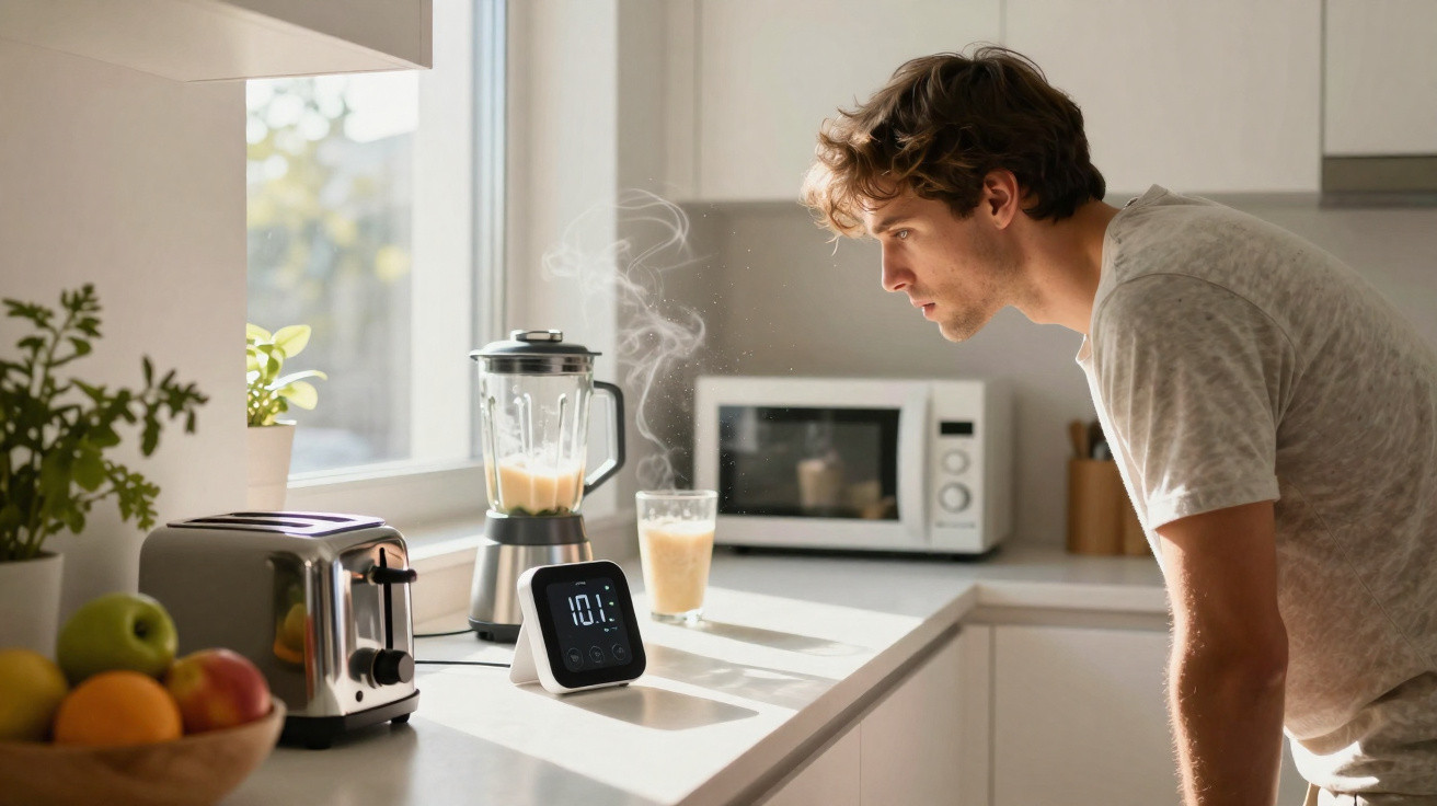 Homem olhando atentamente para um termômetro digital na cozinha com café quente fumegante ao lado.