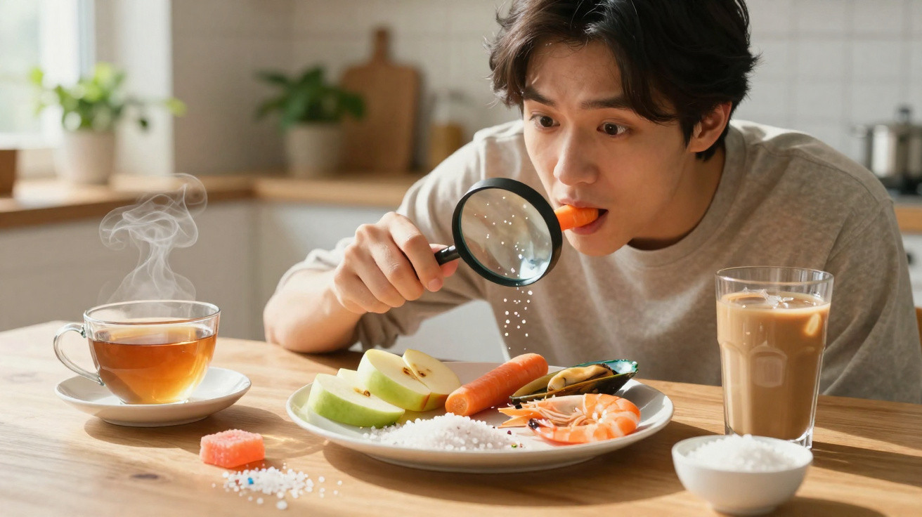 Jovem observa pedacinhos de sal em cenoura com lupa em uma mesa com chá, café, frutas e frutos do mar.