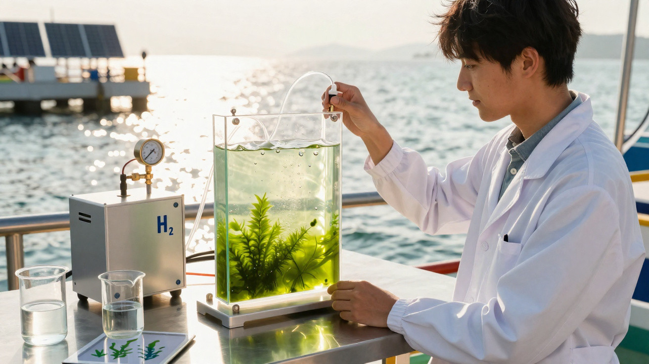 Cientista em jaleco coleta amostra de água com plantas aquáticas para análise em laboratório perto do mar.