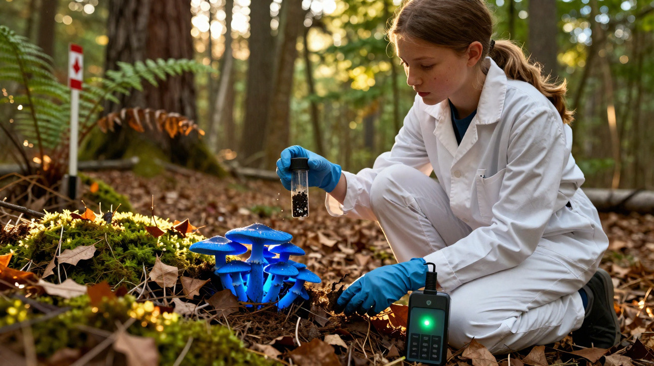 Jovem cientista em floresta observando cogumelos azuis brilhantes com jaleco branco e luvas azuis.
