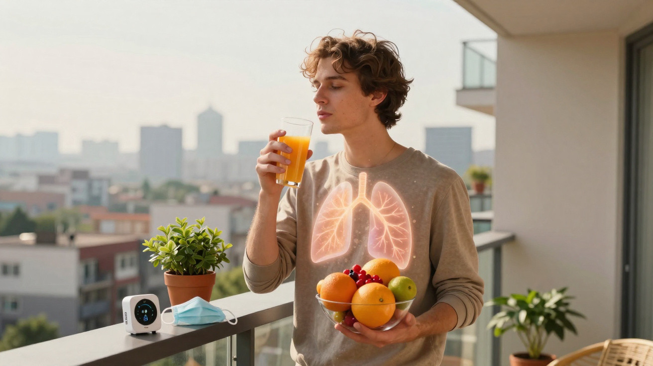 Jovem em varanda segura suco e frutas, com ilustração digital dos pulmões sobre o peito.