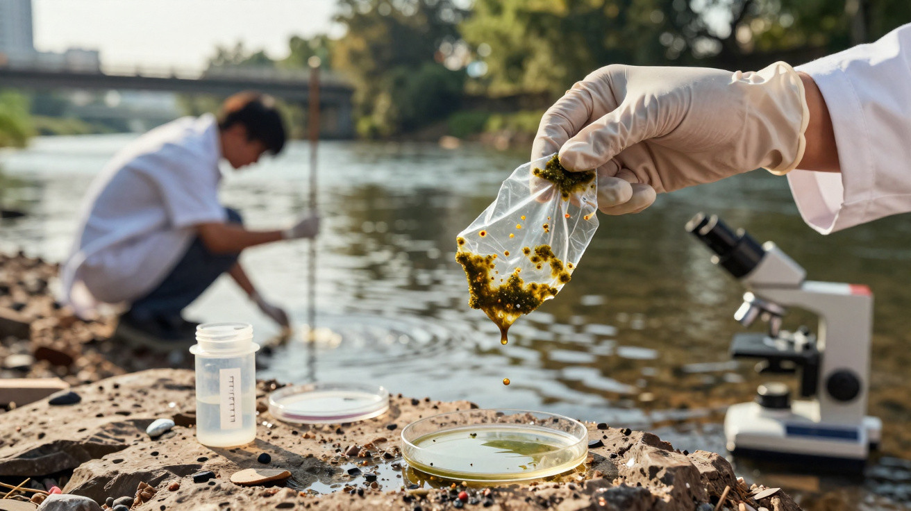 Mão com luva segurando amostra de água suja perto de rio, com cientista coletando dados ao fundo.