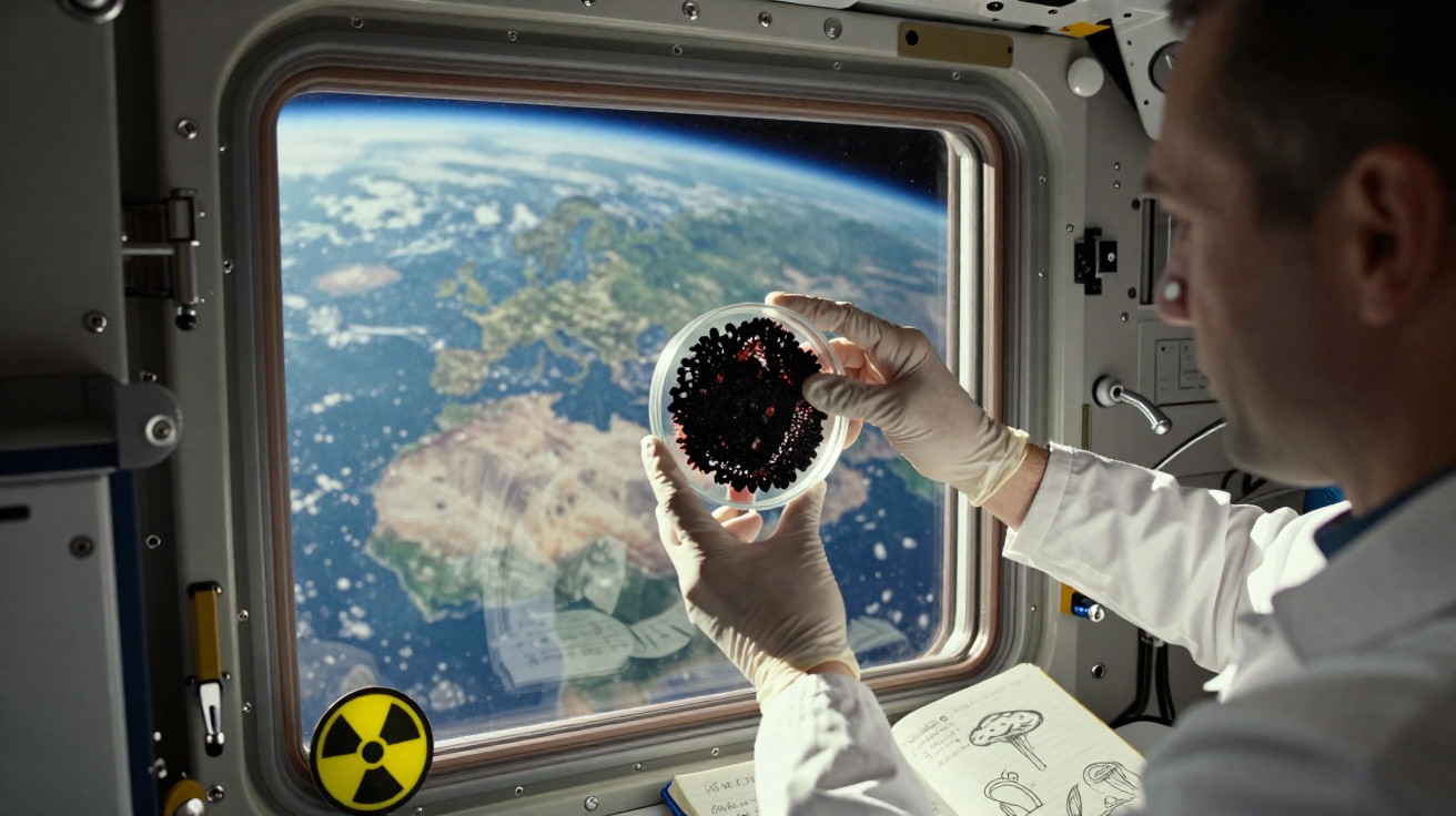 Astronauta segurando placa de petri com cultura científica dentro da estação espacial, com vista da Terra ao fundo.