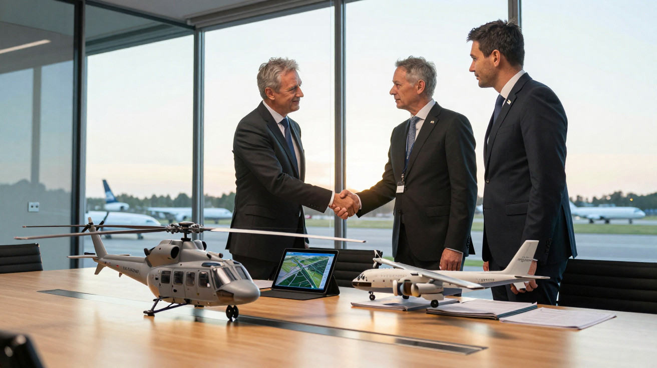 Três homens de terno apertam as mãos em sala com maquetes de helicóptero e avião sobre a mesa.