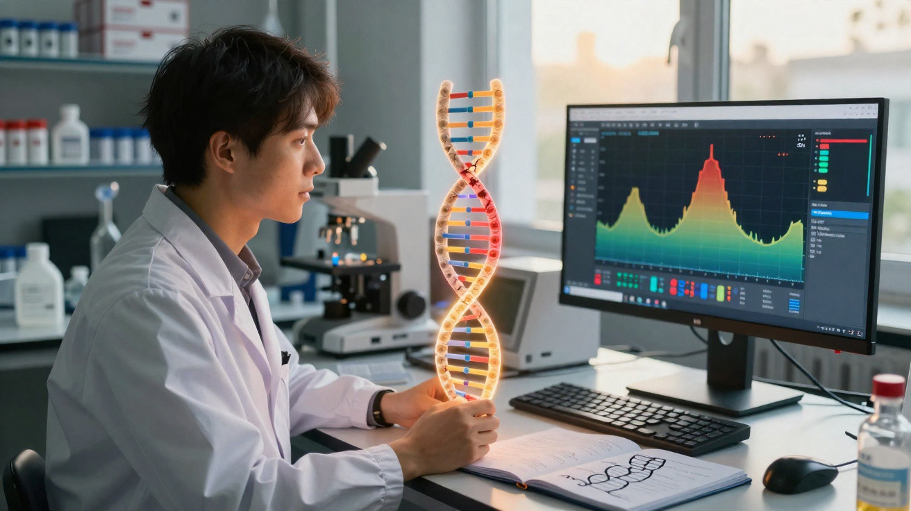 Cientista em laboratório analisa modelo holográfico de DNA enquanto estuda gráficos no computador.