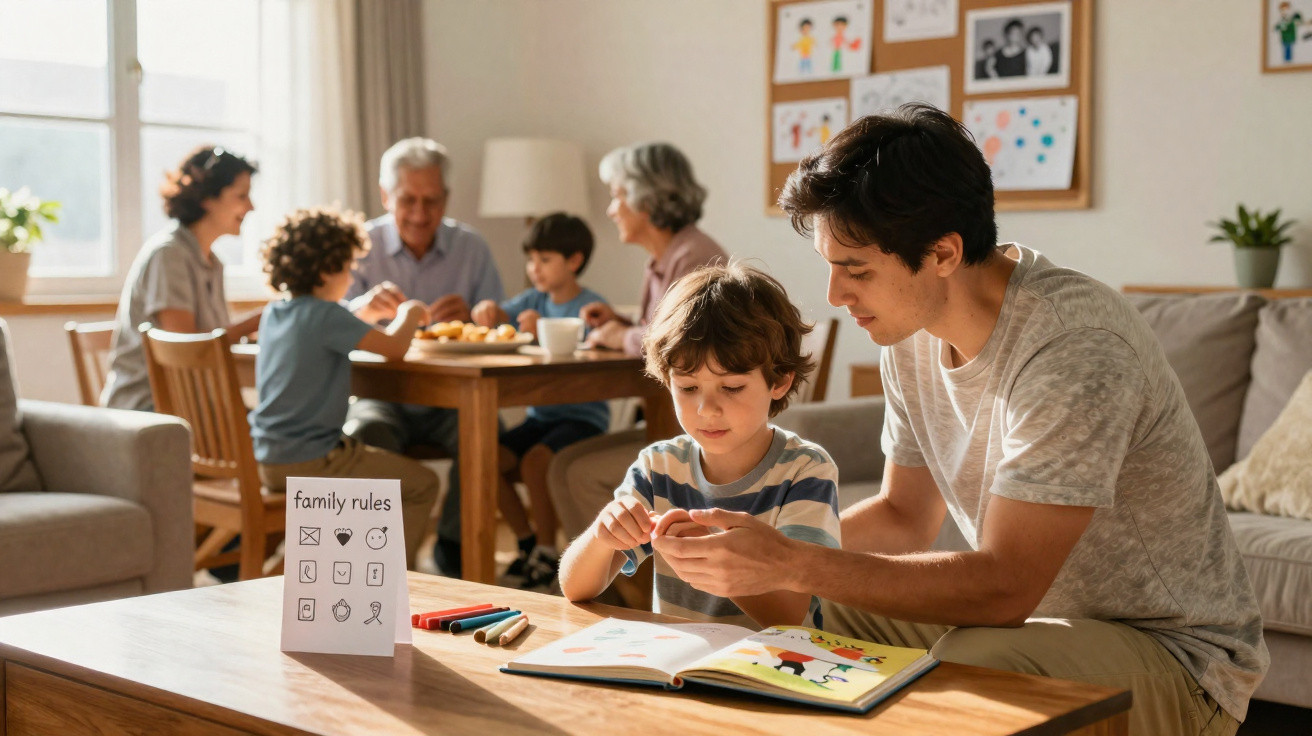 Homem e criança desenhando juntos enquanto família se diverte na mesa ao fundo em sala iluminada.