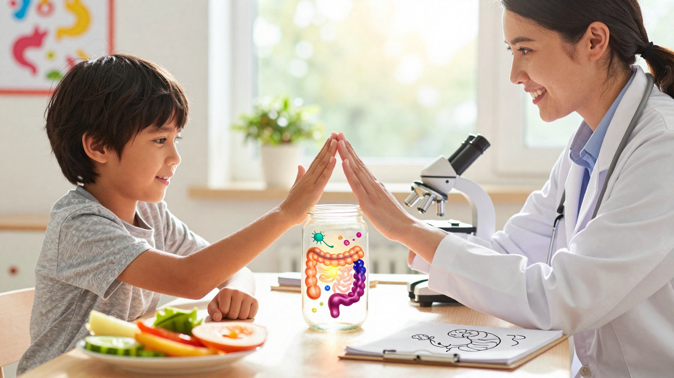 Criança e médica sorrindo enquanto fazem toque de mãos em consulta sobre saúde intestinal.