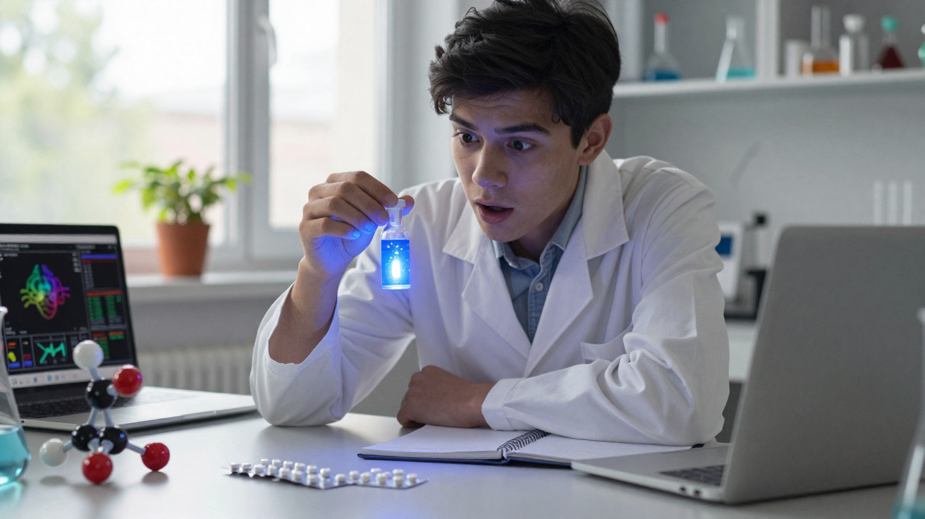 Cientista jovem em laboratório observa frasco com líquido azul brilhante, com laptops e equipamentos ao redor.