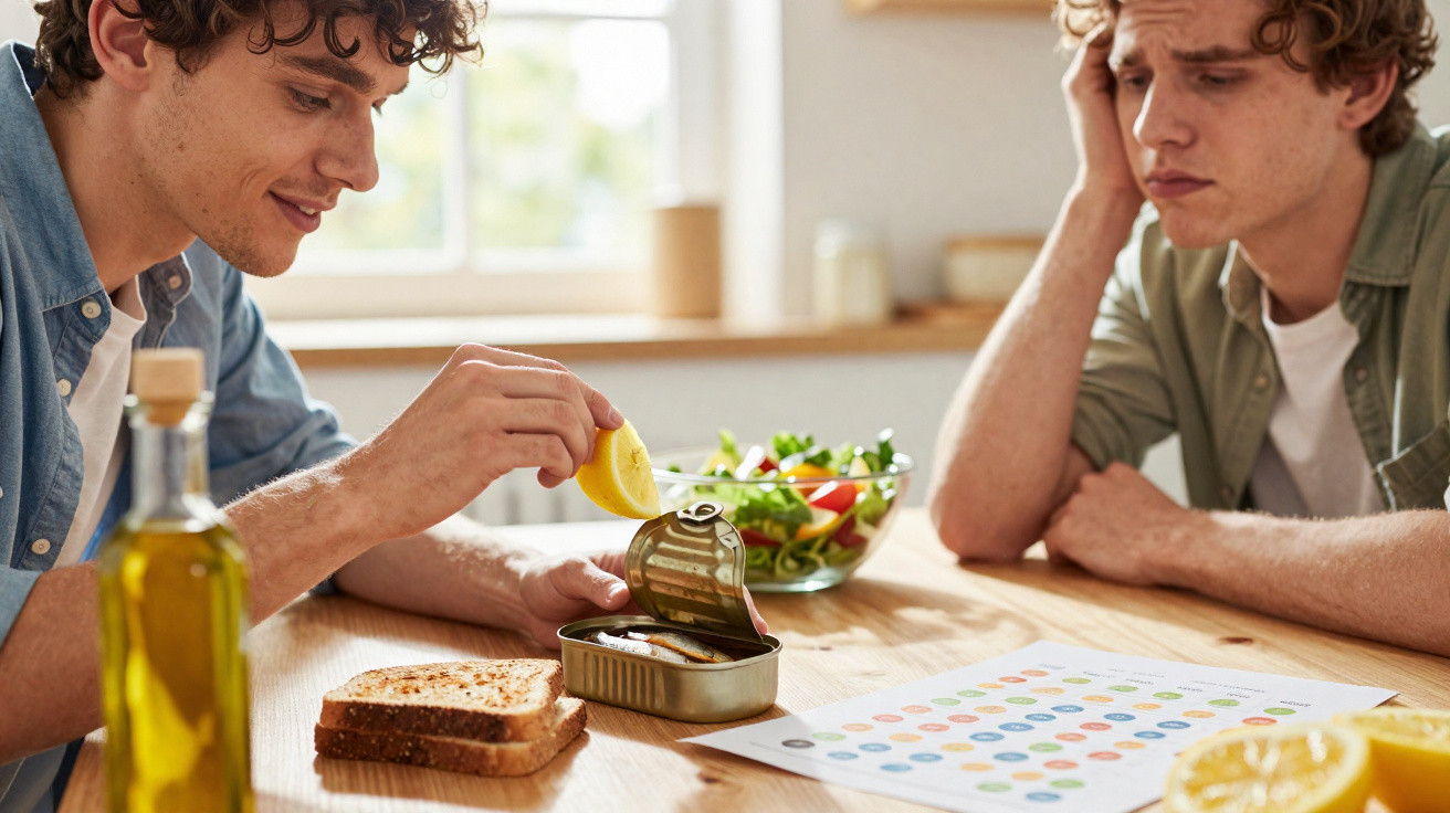 Dois jovens sentados à mesa, um apertando limão sobre sardinhas em lata e um prato com pão e salada.