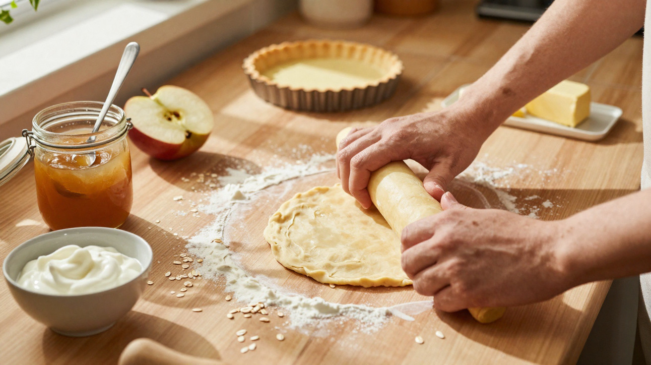 Pessoa abrindo massa com rolo em bancada com farinha, maçã, geleia, creme e forma para torta.