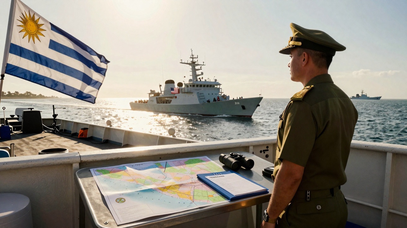 Oficial da marinha uruguaia observa navio no mar com bandeira do Uruguai ao fundo.