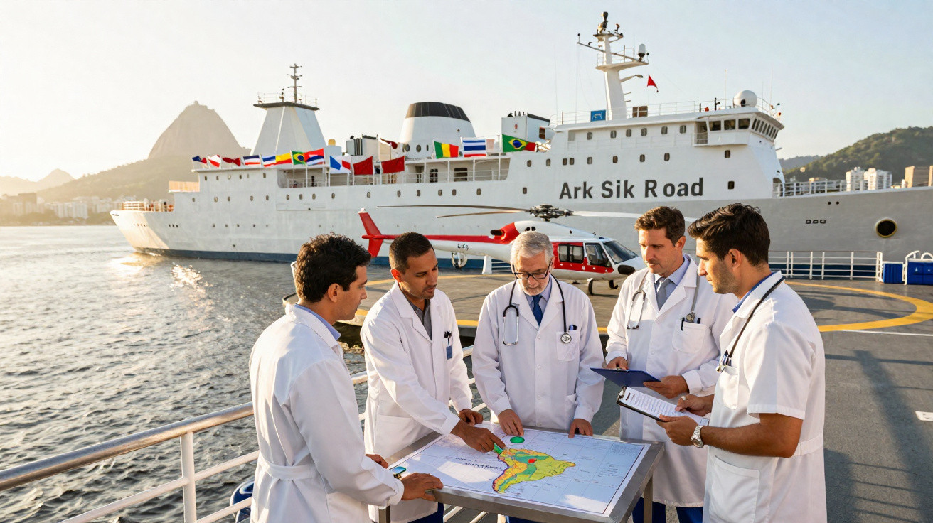 Equipe de médicos em encontro junto a mapa no convés de navio com bandeiras e helicóptero ao fundo.