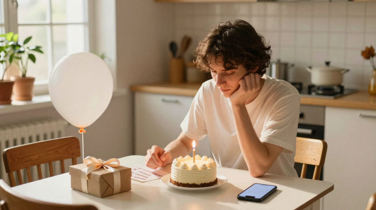 Jovem sentado à mesa com bolo de aniversário, presente e balão branco, olhando pensativo para vela acesa.