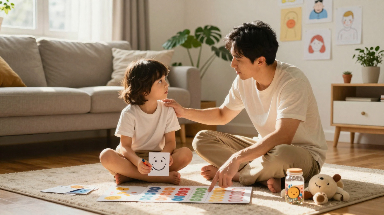 Pai e filho sentados no chão da sala, brincando com cartões e jogo de cores, em ambiente iluminado.