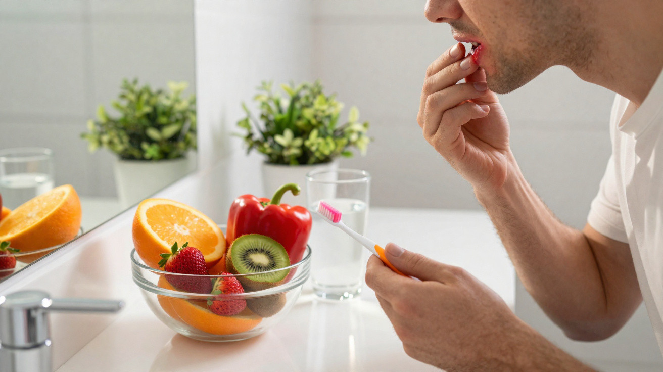Homem aplicando pomada no lábio machucado em banheiro com frutas e escova de dentes na pia.