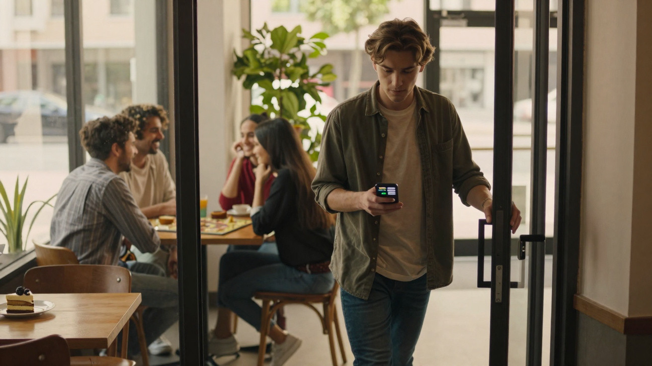 Jovem sai de cafeteria segurando celular, enquanto grupo conversa animado em mesa ao fundo.