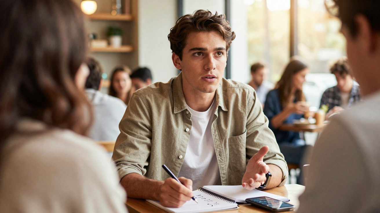 Jovem conversando e anotando em caderno durante reunião informal em cafeteria com outras pessoas ao fundo.