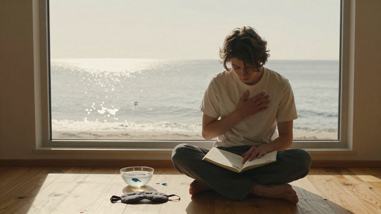 Pessoa sentada no chão lendo livro, janela com vista para o mar ao fundo, tigela com água e máscara de dormir.