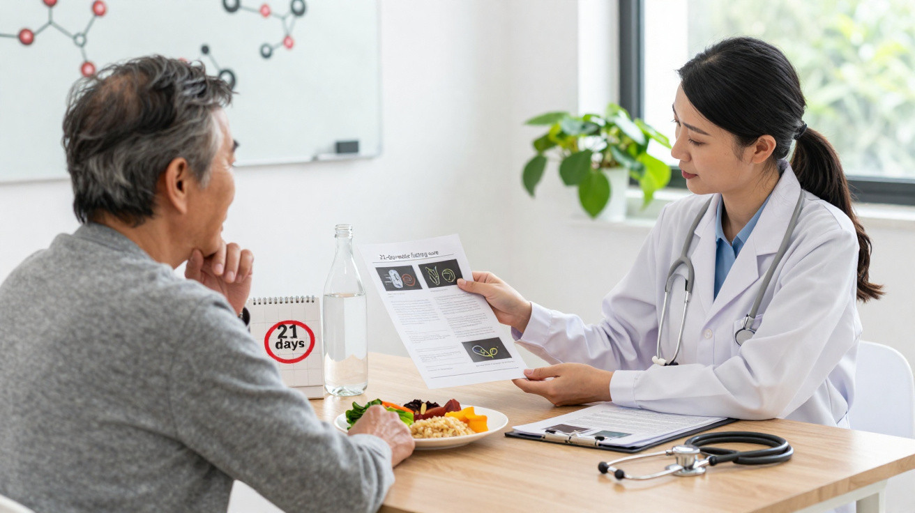 Médica mostrando informações sobre nutrição para paciente enquanto ele almoça em consultório iluminado.