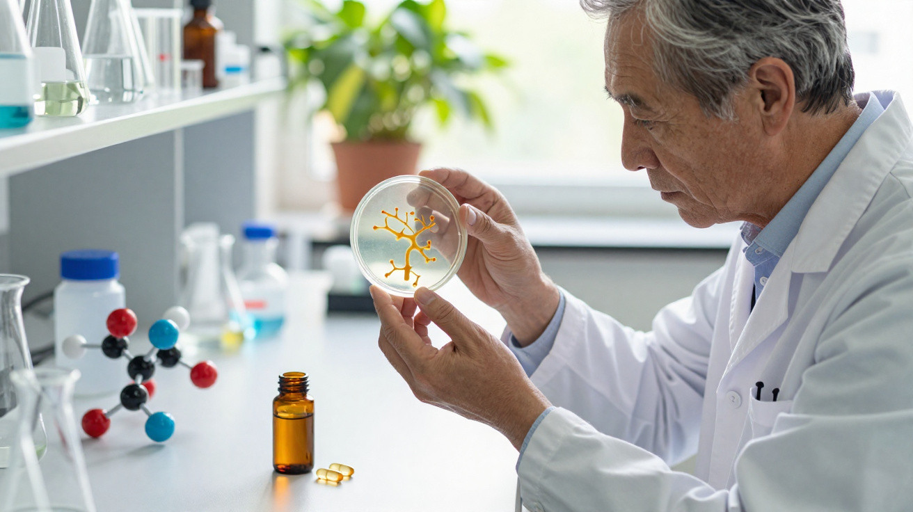Cientista usando jaleco analisa cultura em placa de Petri em laboratório com equipamentos químicos ao fundo.