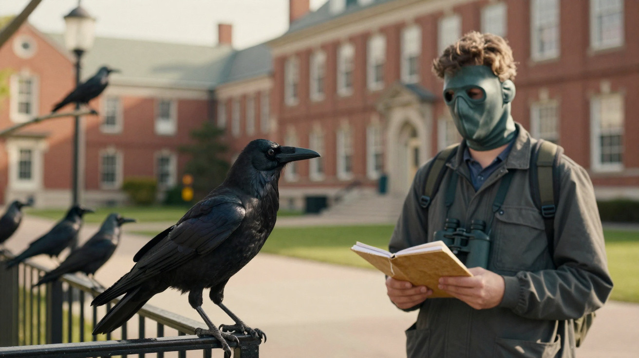 Pessoa com máscara verde lendo livro próxima a um corvo preto em grade em área universitária.
