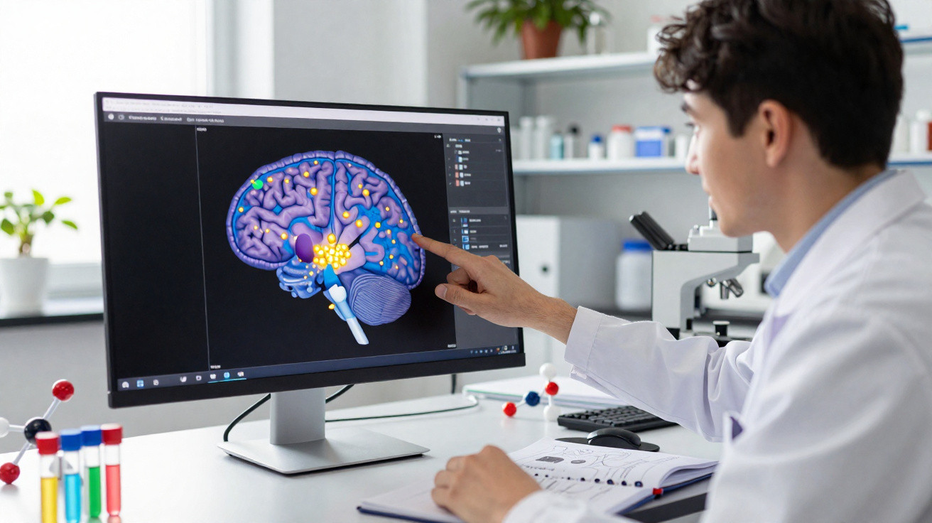 Cientista em laboratório analisando modelo 3D de cérebro em computador para estudo neurológico.