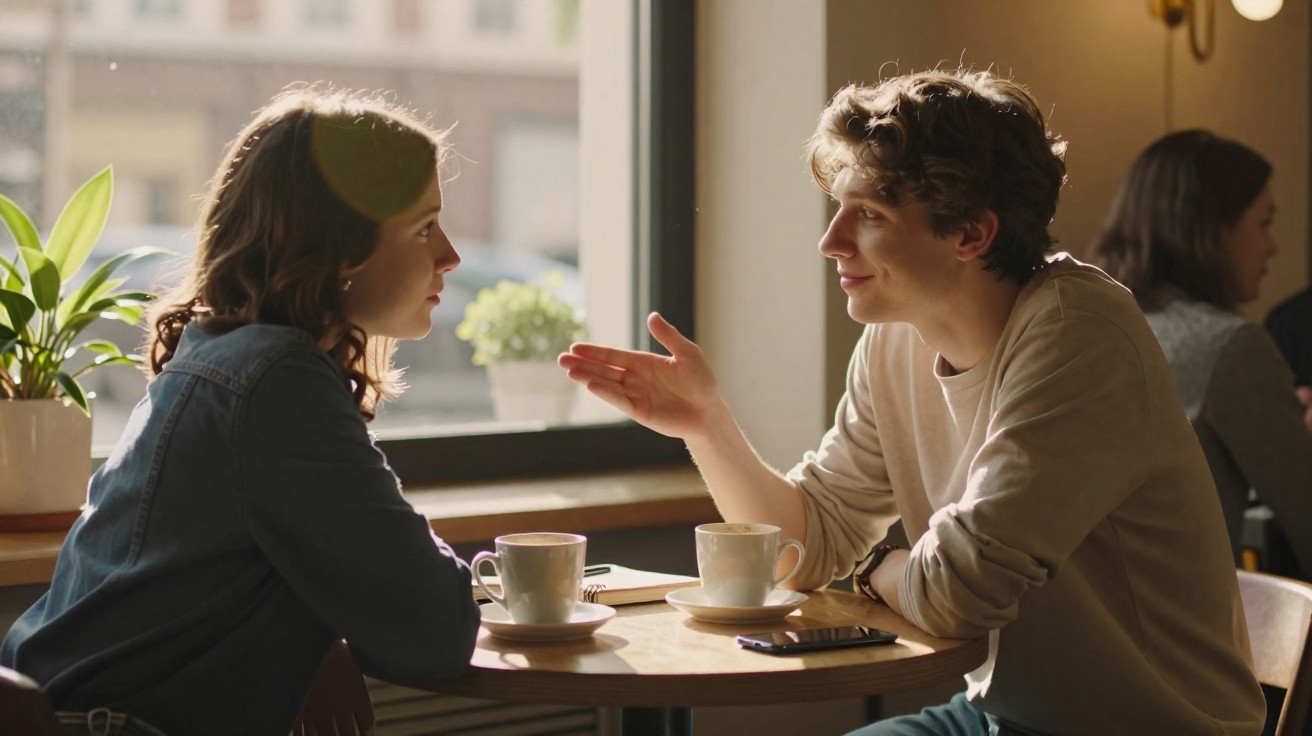 Casal jovem conversando em café, com xícaras e celular sobre a mesa próxima à janela.