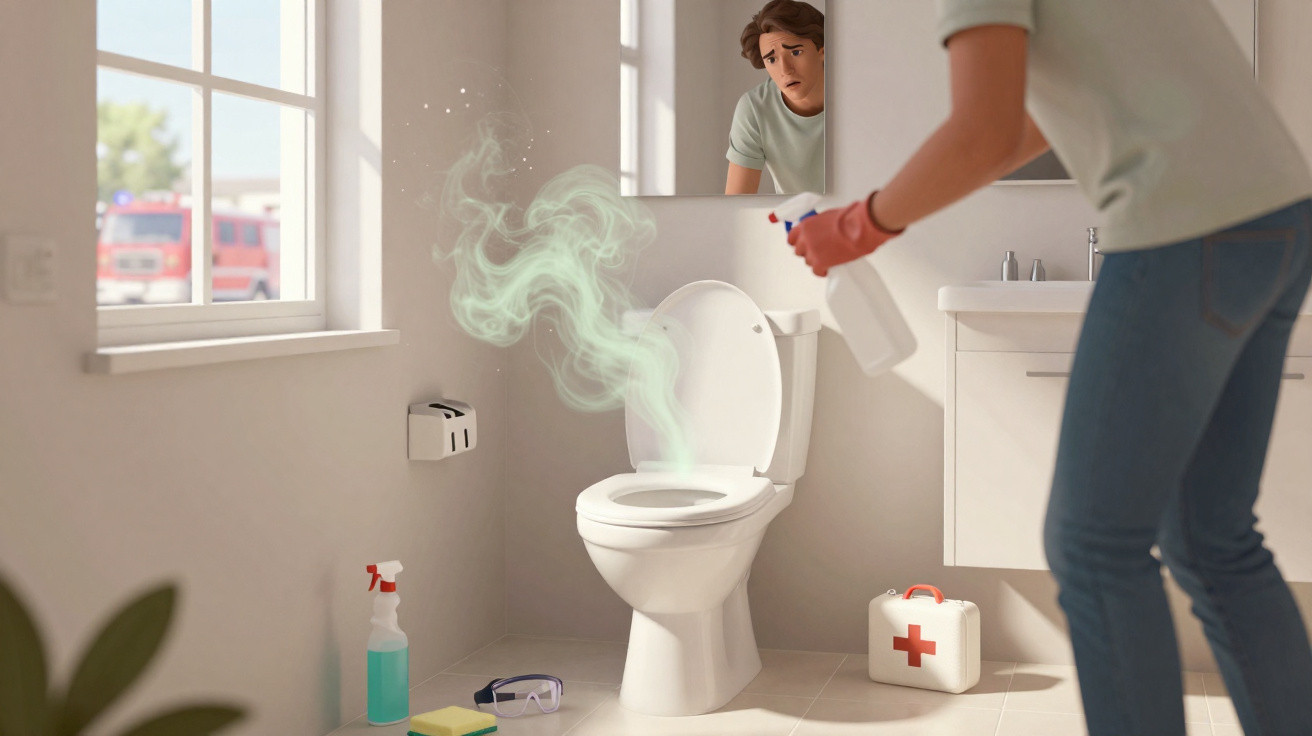Pessoa segurando produto de limpeza para desentupir vaso sanitário com fumaça verde saindo da privada em banheiro.
