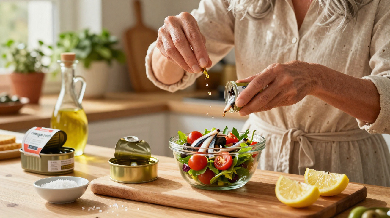 Pessoa temperando salada com azeite na cozinha em ambiente claro e acolhedor.