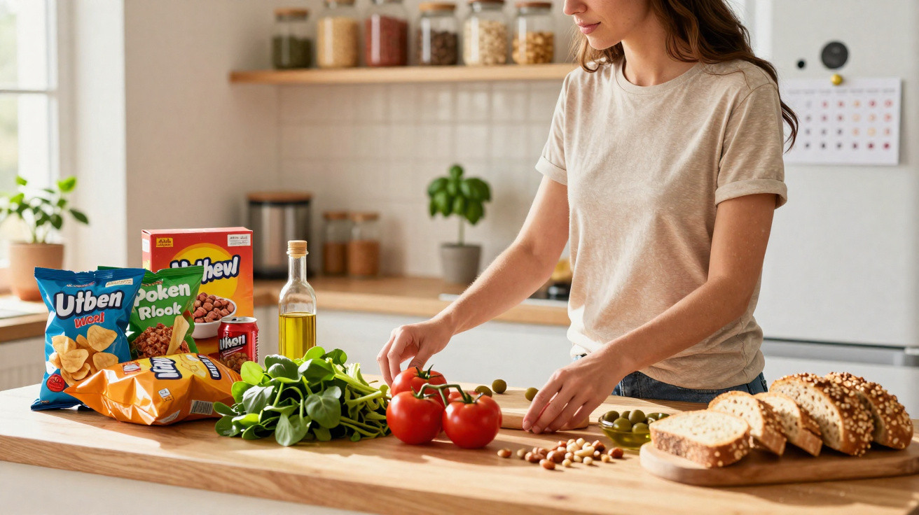 Mulher preparando salada em cozinha com tomates, folhas, azeitonas, pão e alimentos na bancada.
