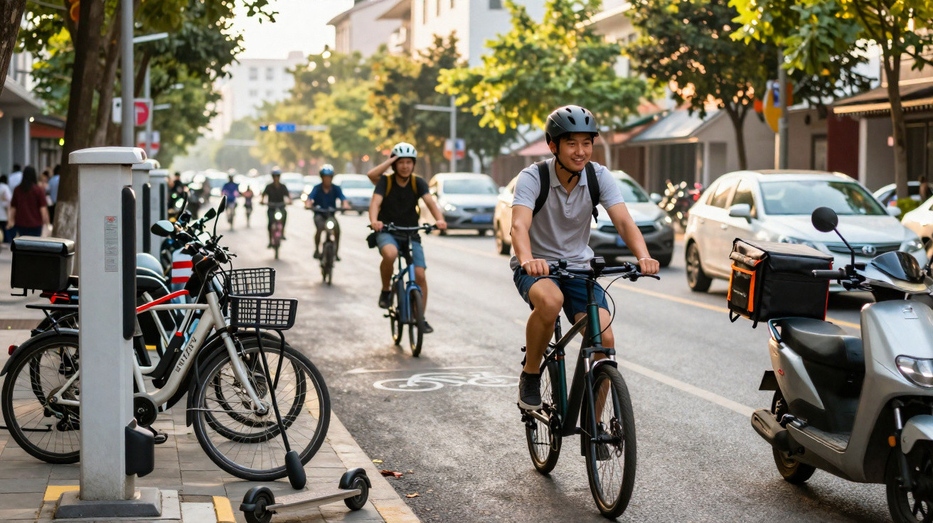 Pessoas pedalando em ciclovia urbana em dia ensolarado, com árvores e carros ao redor.