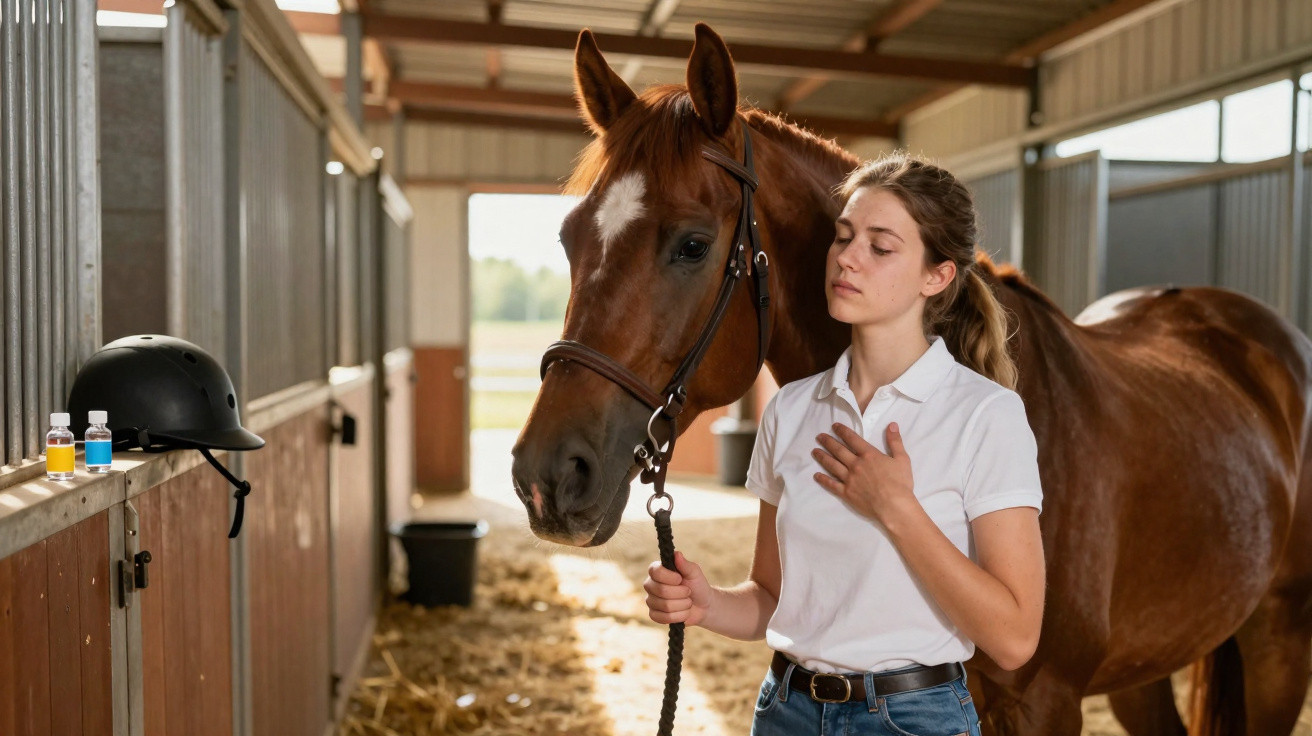 Jovem em roupas de equitação ao lado de cavalo castanho em estábulo, com capacete e frascos na janela.