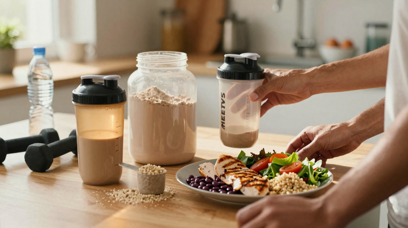 Pessoa segurando shake de proteína perto de prato com frango grelhado, feijão, salada e grãos na mesa.
