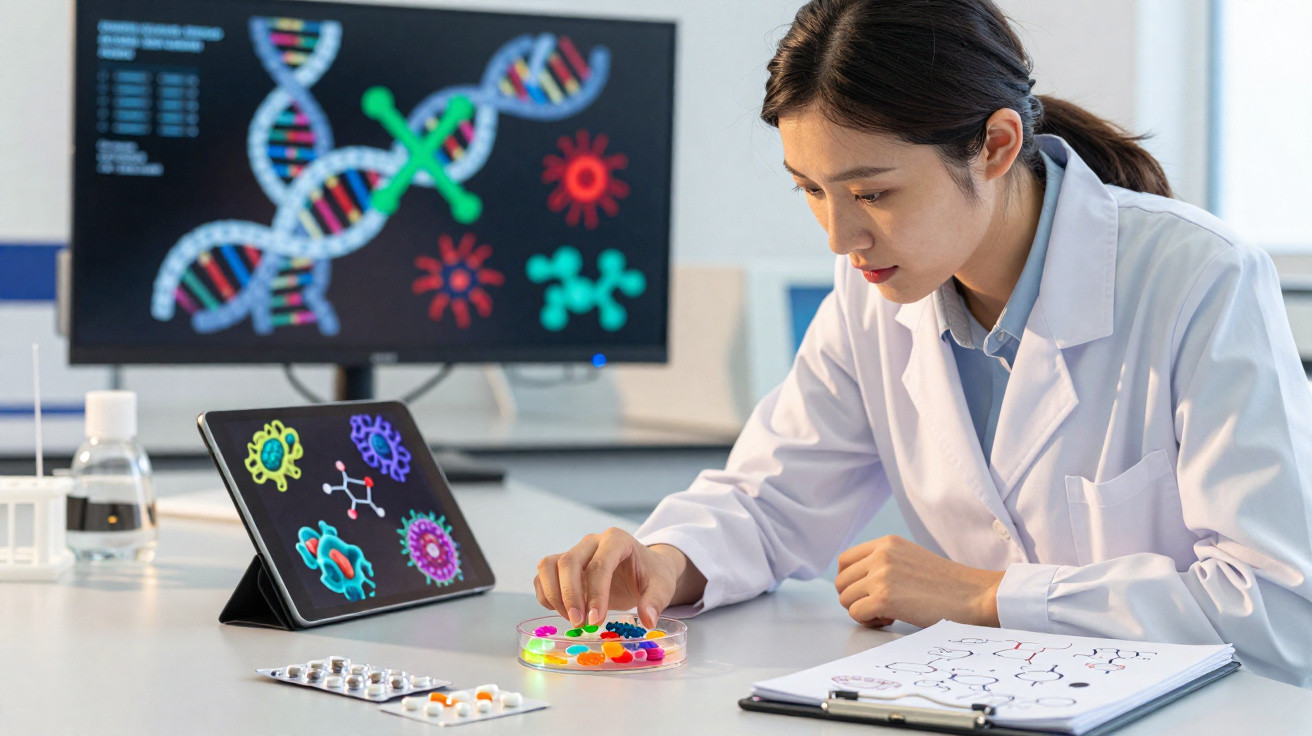 Cientista em jaleco manipula petri colorida em laboratório com gráficos de DNA e vírus no fundo.